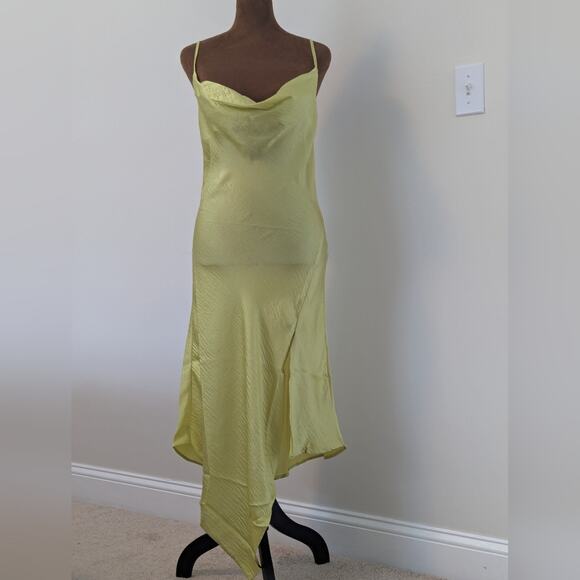 NWT Steve Madden Luxe Satin Asymmetric Hem Drapey Green Yellow Slip Dress, Sz XS - Picture 2 of 7